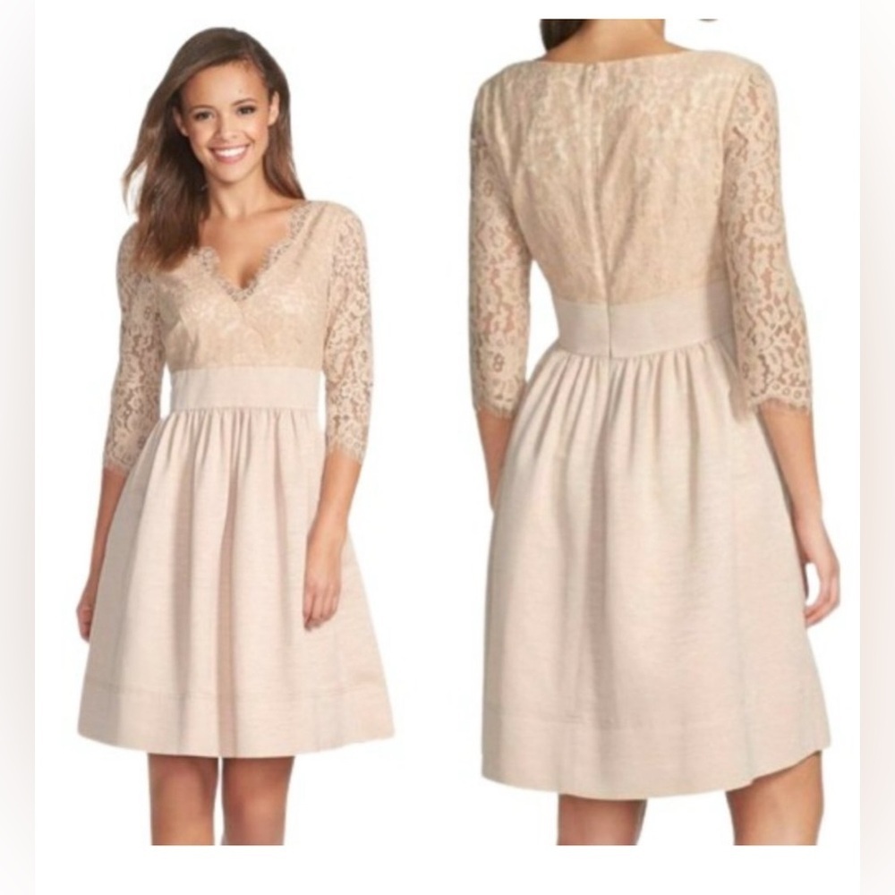 Eliza J Women's Faille Fit & Flare Lace Size 4 Fit 3/4 Sleeve V-Neck Bei…